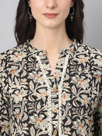 Janasya Women's Black Cotton Floral Print Casual Flared Tunic | Grocsy