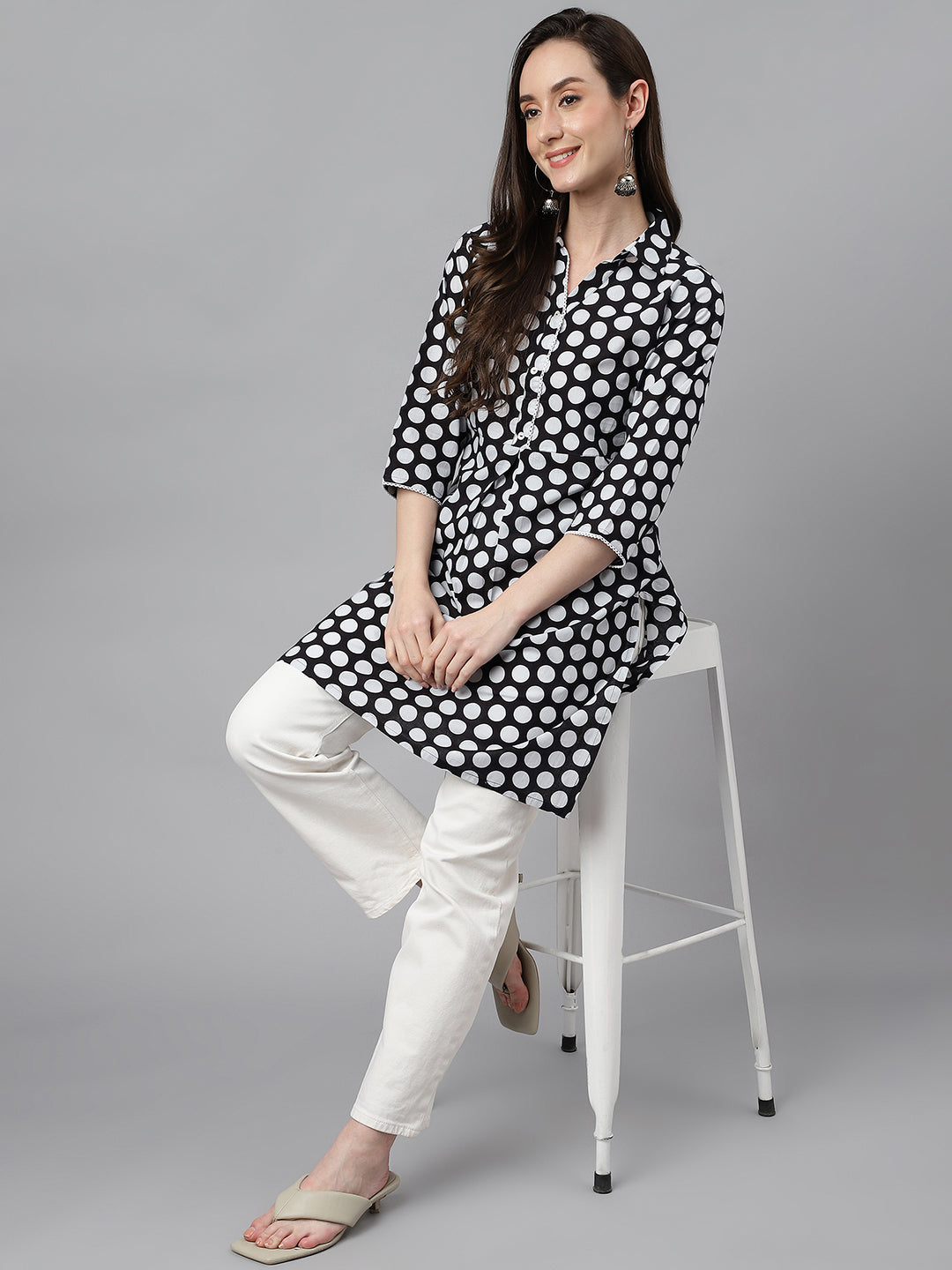 Indian Clothing Janasya Women's Black Cotton Polka Print Casual A-Line Tunic | Grocsy