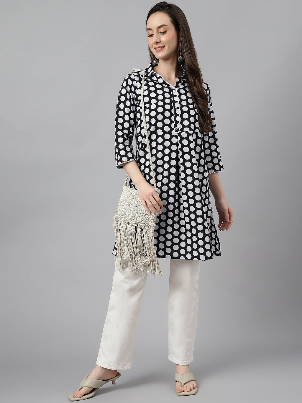Indian Clothing Janasya Women's Black Cotton Polka Print Casual A-Line Tunic | Grocsy