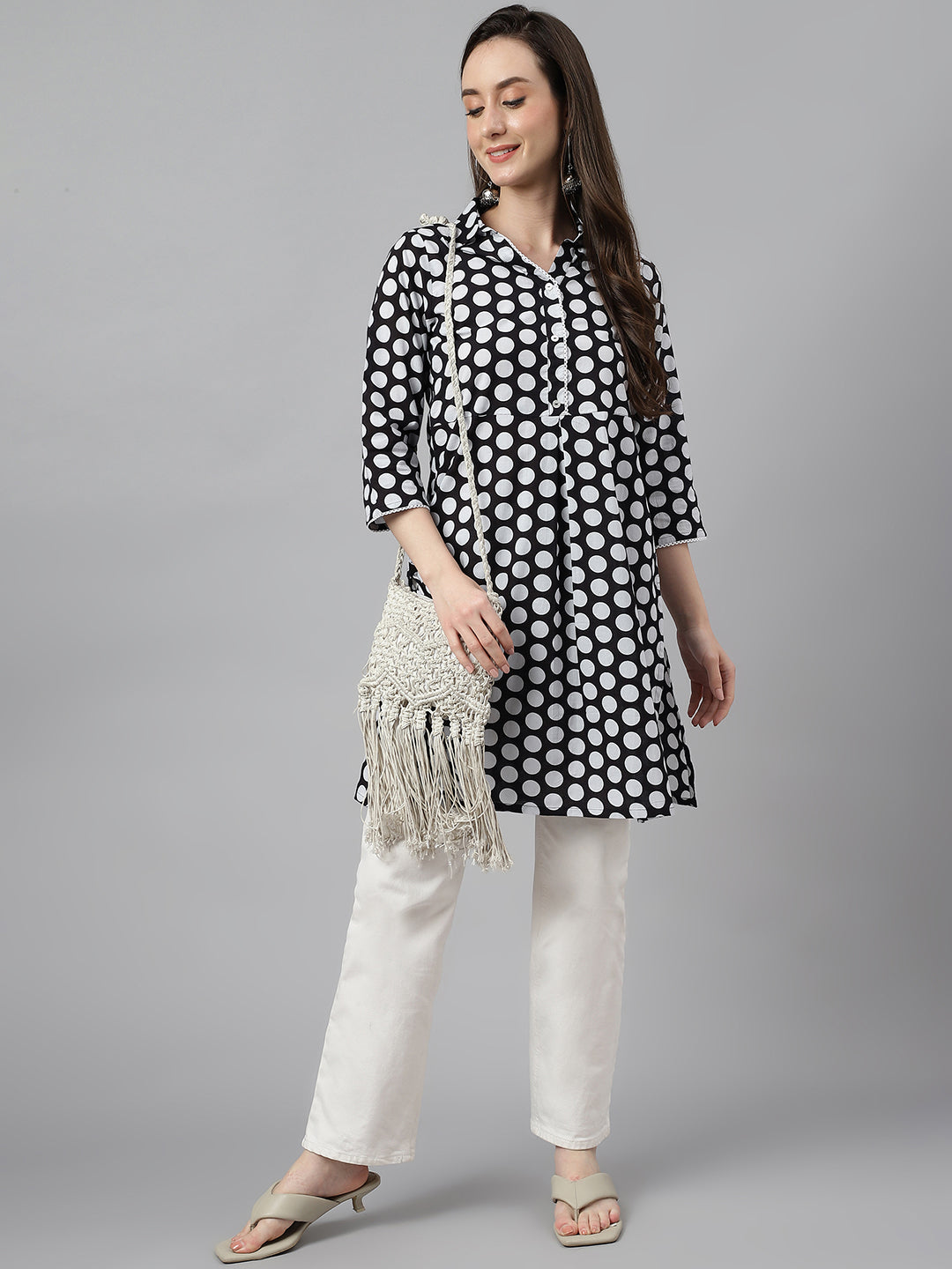 Indian Clothing Janasya Women's Black Cotton Polka Print Casual A-Line Tunic | Grocsy