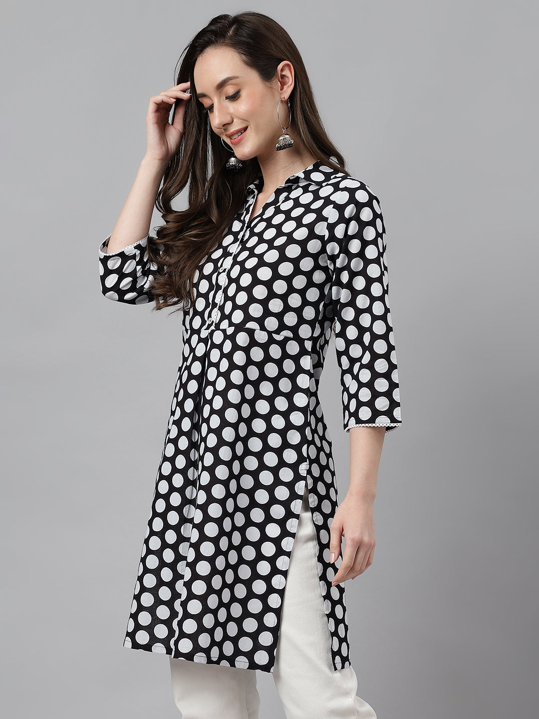 Indian Clothing Janasya Women's Black Cotton Polka Print Casual A-Line Tunic | Grocsy