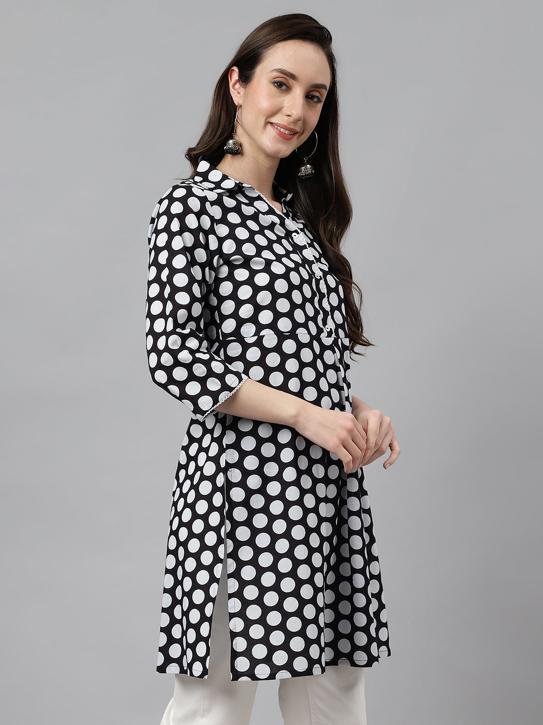 Indian Clothing Janasya Women's Black Cotton Polka Print Casual A-Line Tunic | Grocsy