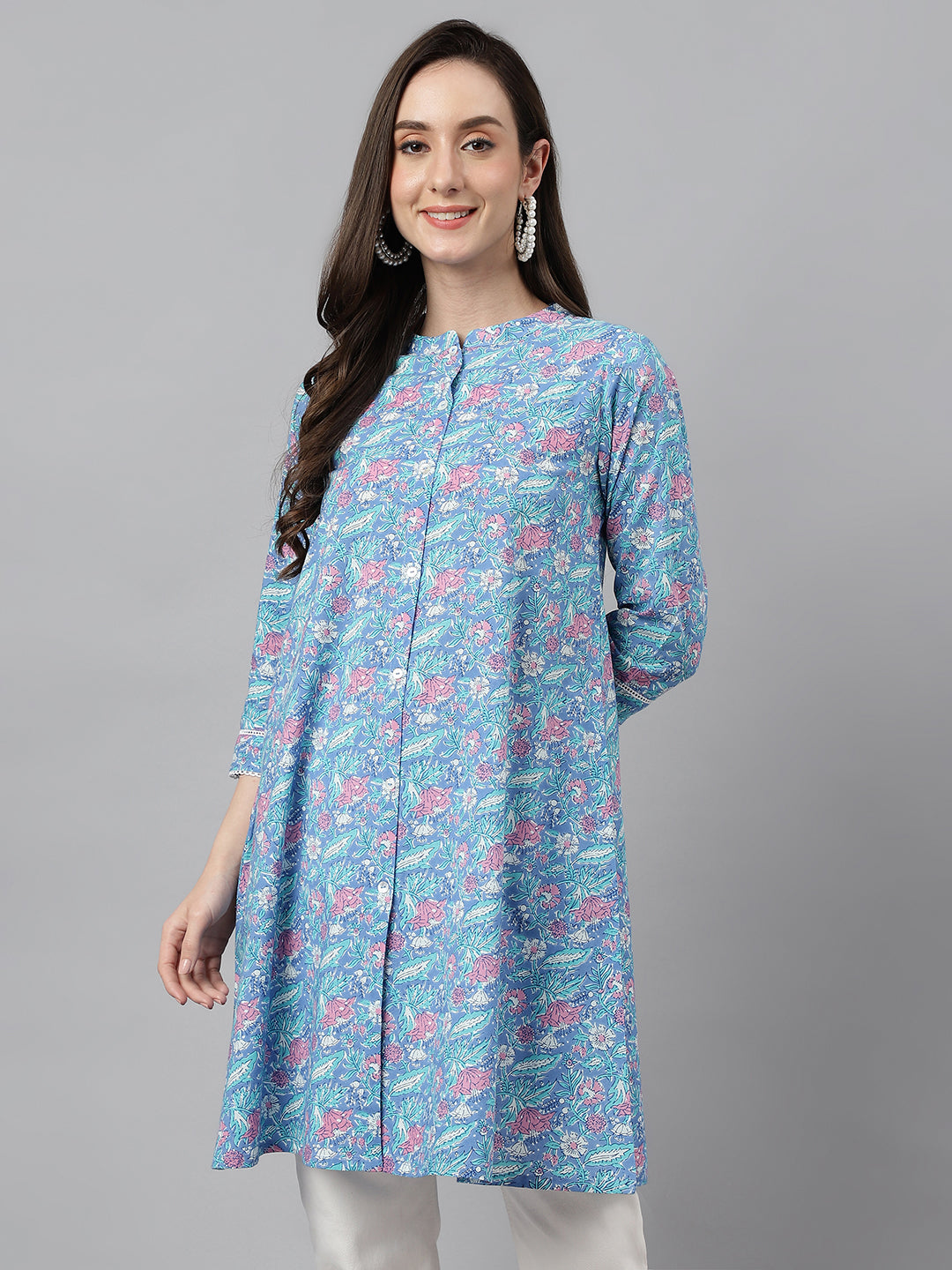 Janasya Women's Multicolor Cotton Botanical Print Casual A-Line Tunic | Grocsy