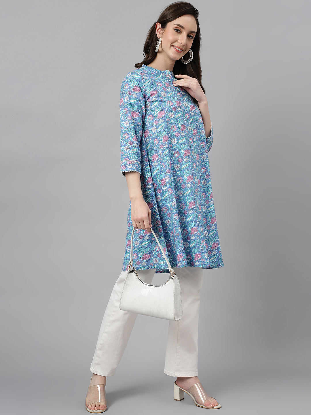 Janasya Women's Multicolor Cotton Botanical Print Casual A-Line Tunic | Grocsy