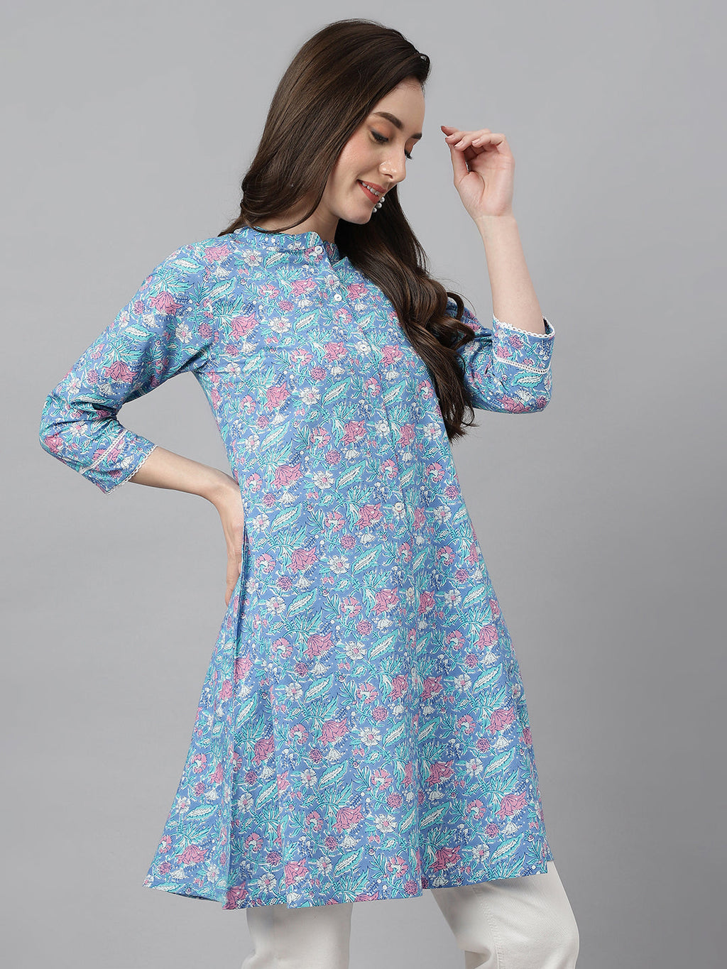 Janasya Women's Multicolor Cotton Botanical Print Casual A-Line Tunic | Grocsy
