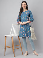 Janasya Women's Blue Cotton Floral Print Casual Regular Tunic | Grocsy