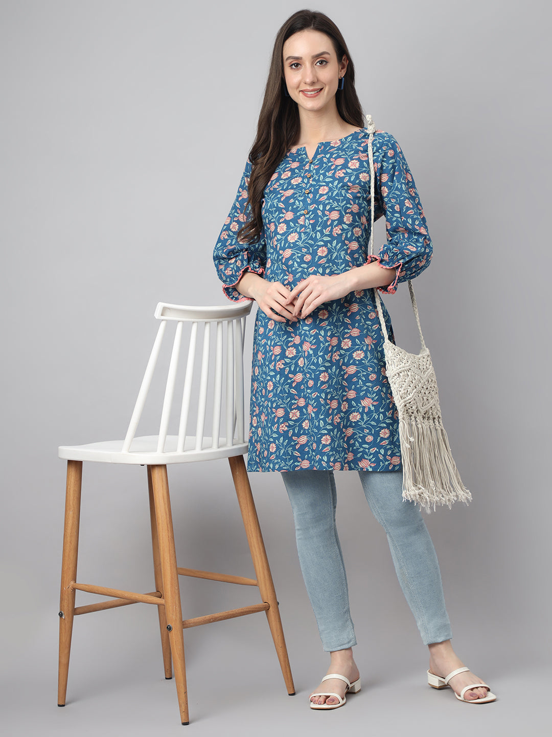 Janasya Women's Blue Cotton Floral Print Casual Regular Tunic | Grocsy