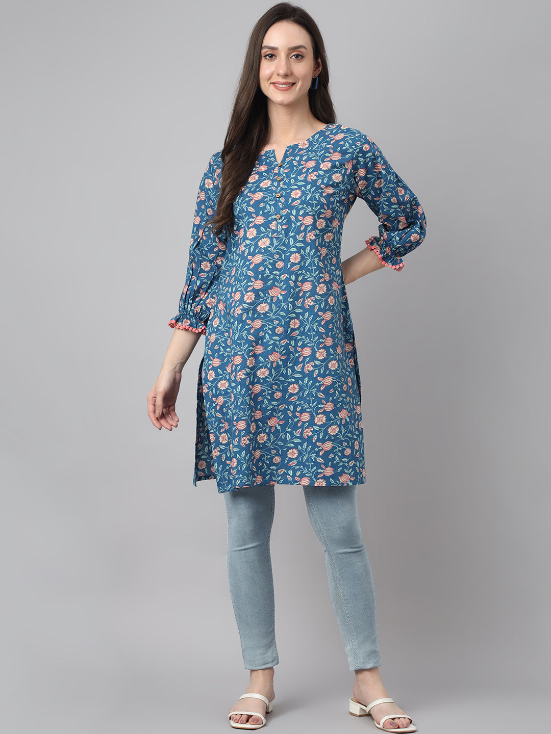 Janasya Women's Blue Cotton Floral Print Casual Regular Tunic | Grocsy