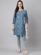 Janasya Women's Blue Cotton Floral Print Casual Regular Tunic | Grocsy