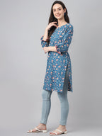 Janasya Women's Blue Cotton Floral Print Casual Regular Tunic | Grocsy