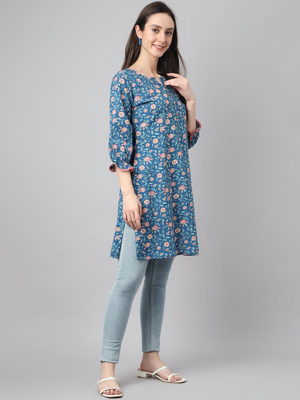 Janasya Women's Blue Cotton Floral Print Casual Regular Tunic | Grocsy