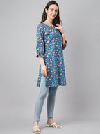 Janasya Women's Blue Cotton Floral Print Casual Regular Tunic | Grocsy