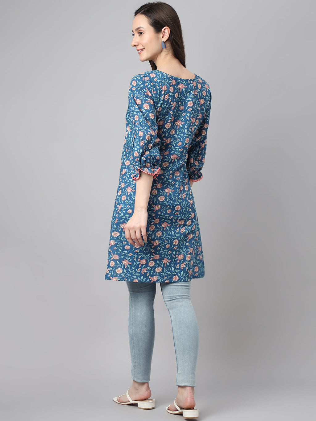 Janasya Women's Blue Cotton Floral Print Casual Regular Tunic | Grocsy