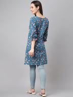 Janasya Women's Blue Cotton Floral Print Casual Regular Tunic | Grocsy