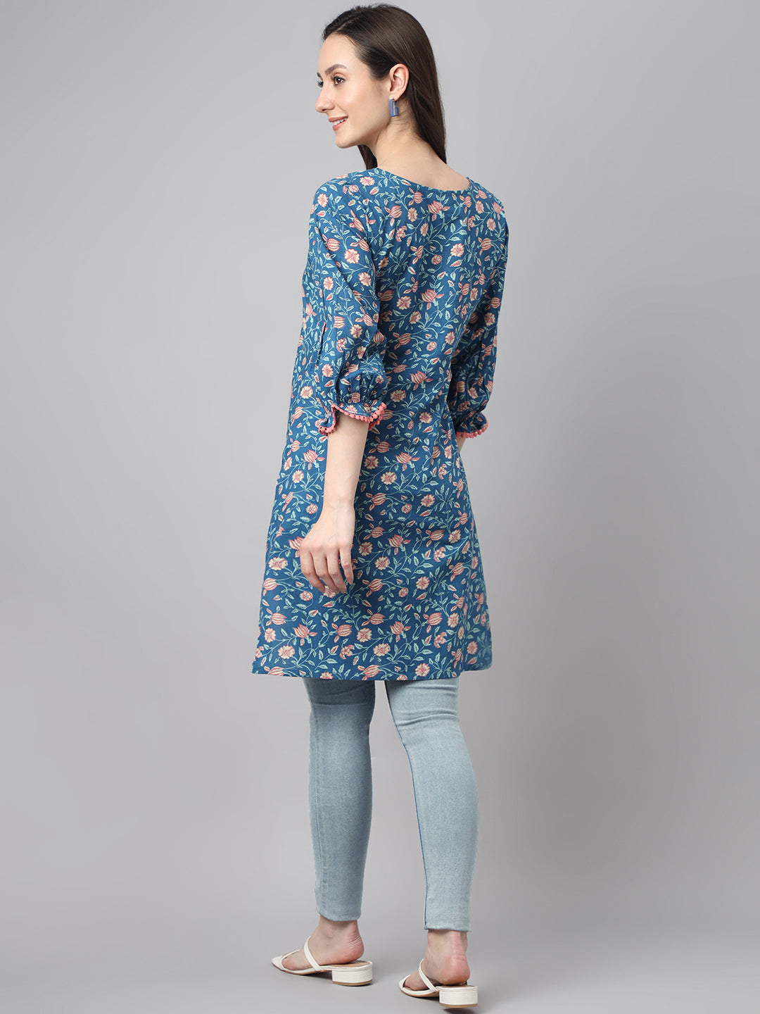 Janasya Women's Blue Cotton Floral Print Casual Regular Tunic | Grocsy
