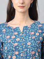 Janasya Women's Blue Cotton Floral Print Casual Regular Tunic | Grocsy