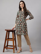 Janasya Women's Dark Green Cotton Floral Print Casual Regular Tunic | Grocsy