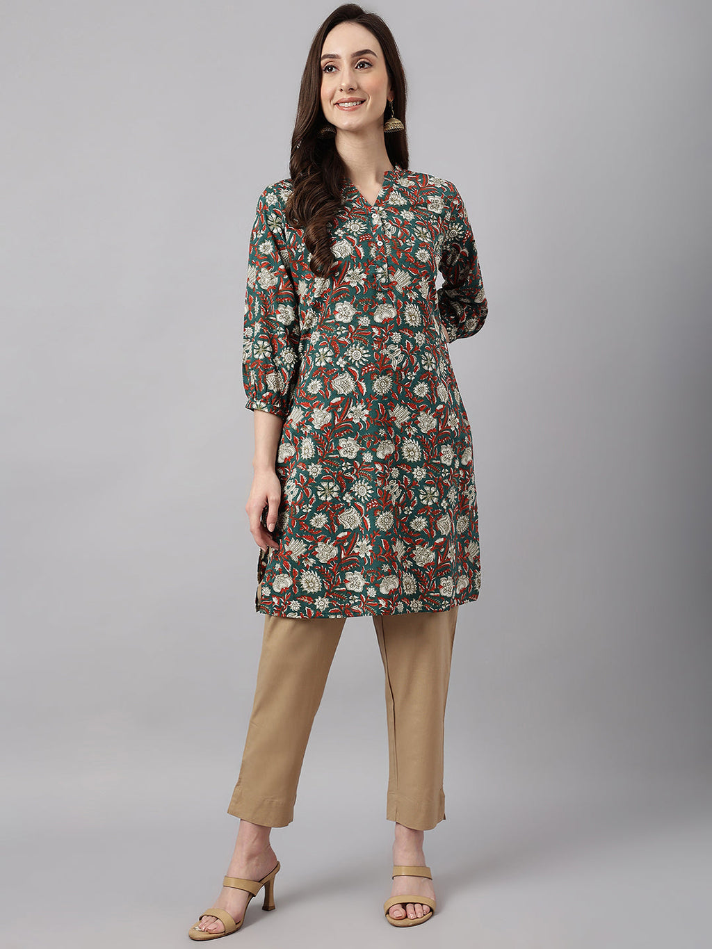 Janasya Women's Dark Green Cotton Floral Print Casual Regular Tunic | Grocsy