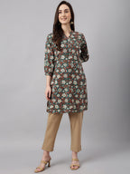 Janasya Women's Dark Green Cotton Floral Print Casual Regular Tunic | Grocsy