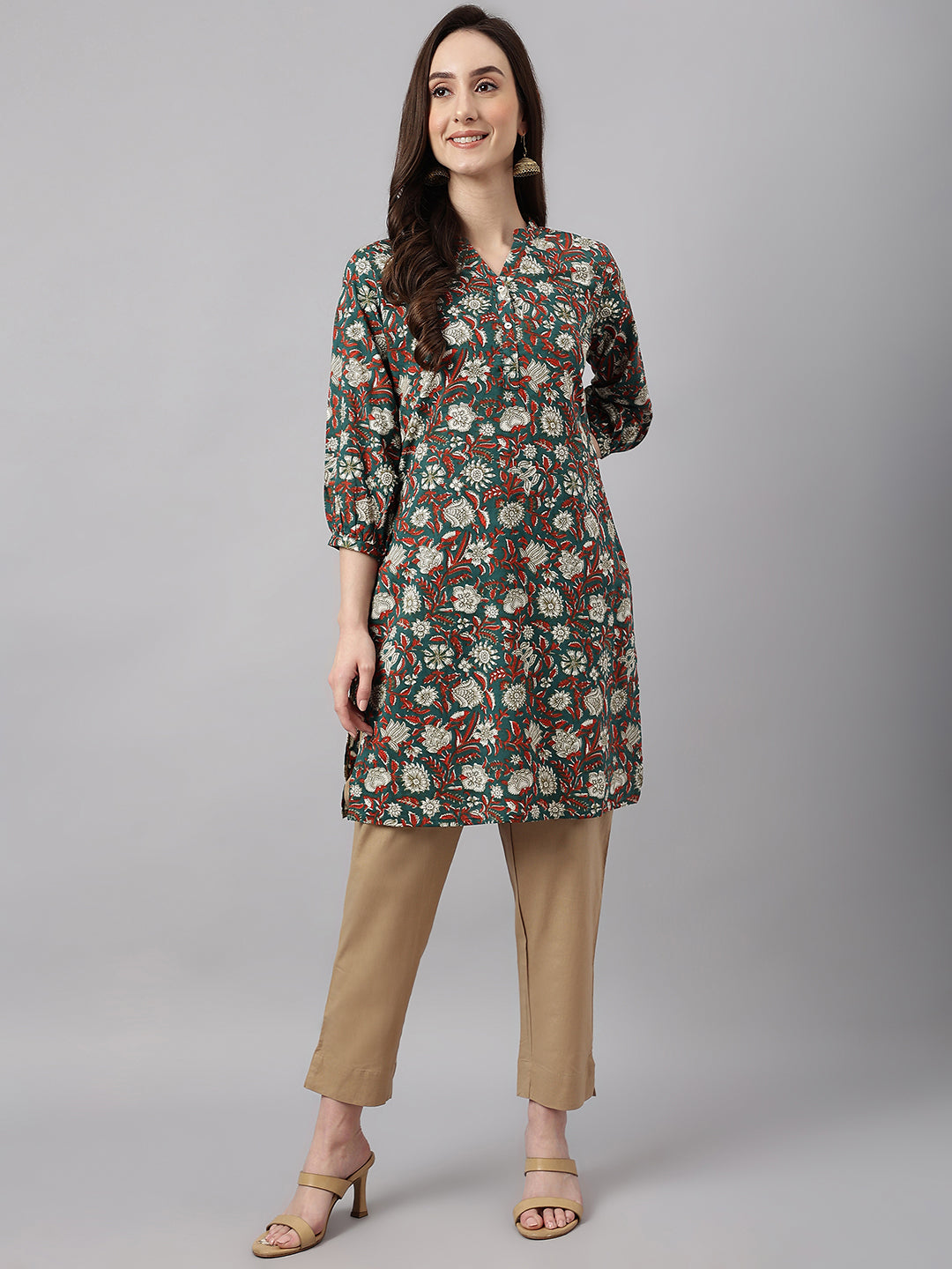 Janasya Women's Dark Green Cotton Floral Print Casual Regular Tunic | Grocsy