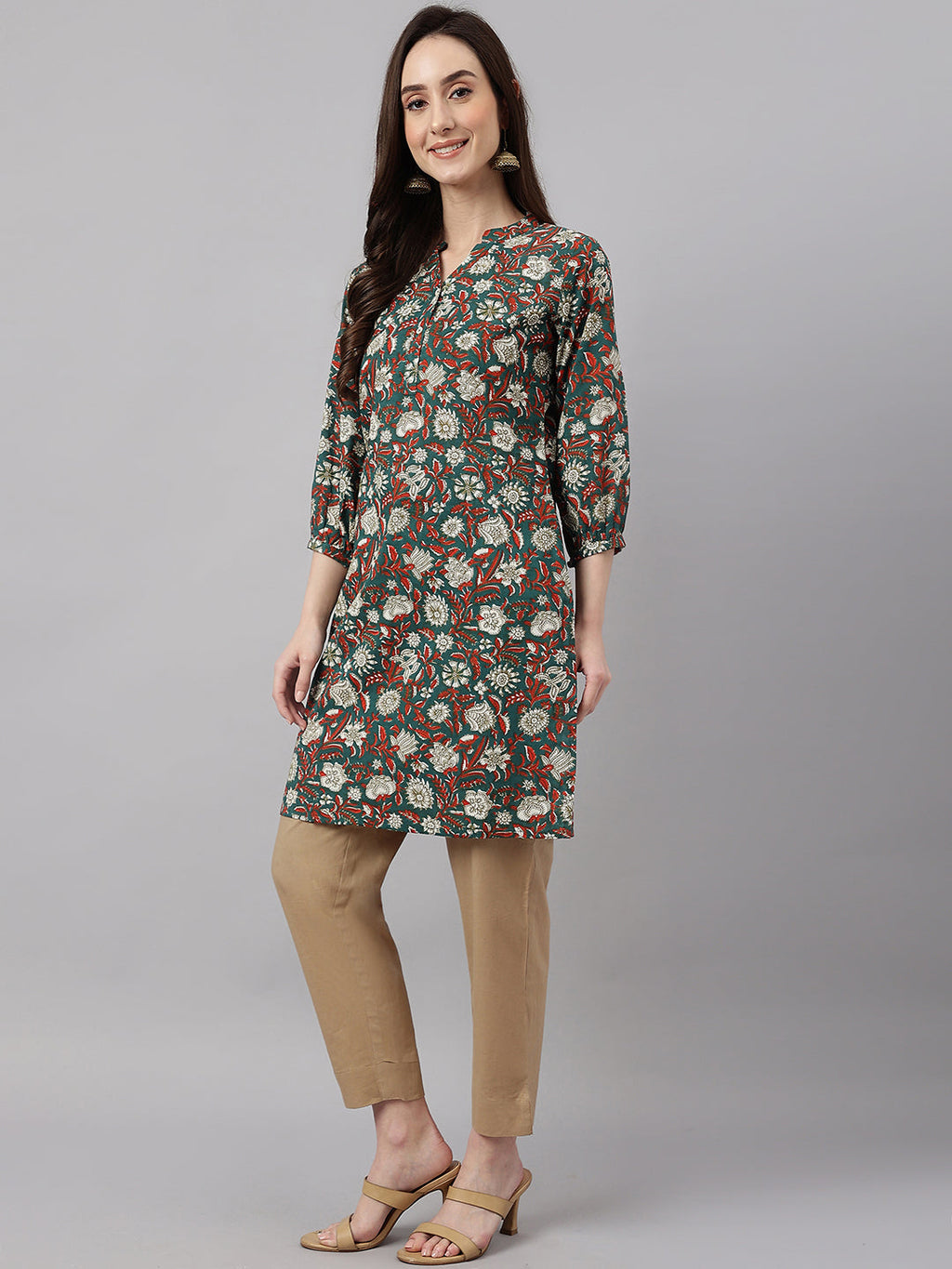 Janasya Women's Dark Green Cotton Floral Print Casual Regular Tunic | Grocsy