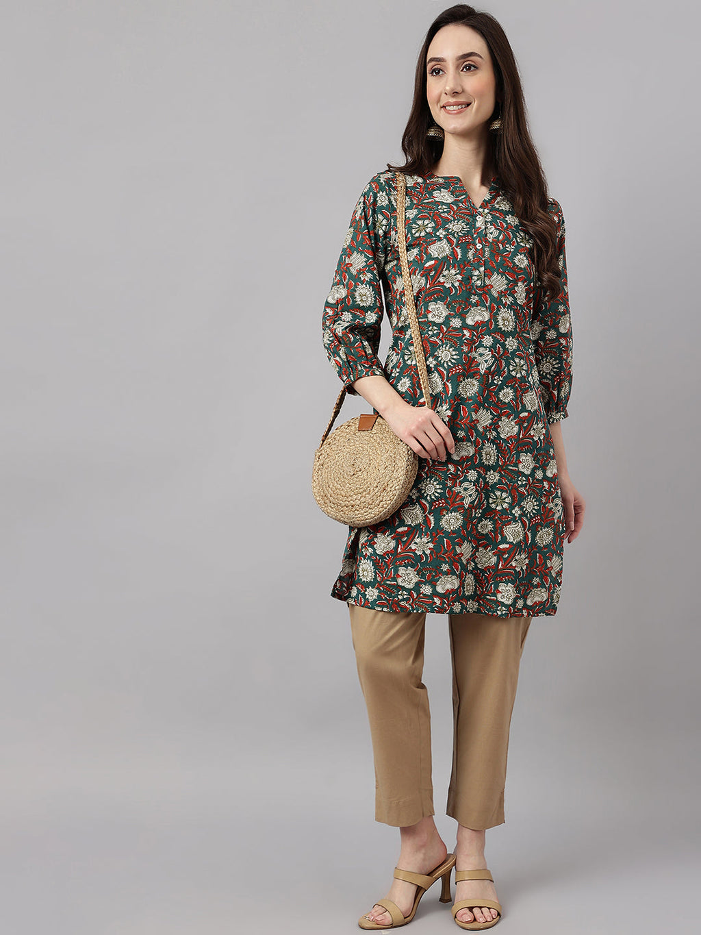 Janasya Women's Dark Green Cotton Floral Print Casual Regular Tunic | Grocsy