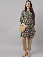 Janasya Women's Dark Green Cotton Floral Print Casual Regular Tunic | Grocsy