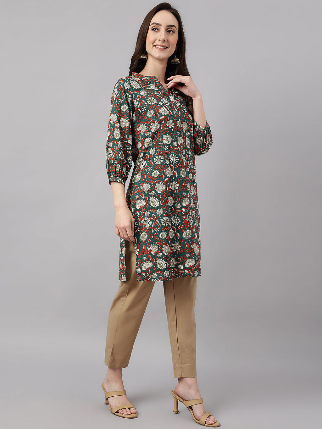Janasya Women's Dark Green Cotton Floral Print Casual Regular Tunic | Grocsy