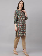 Janasya Women's Dark Green Cotton Floral Print Casual Regular Tunic | Grocsy