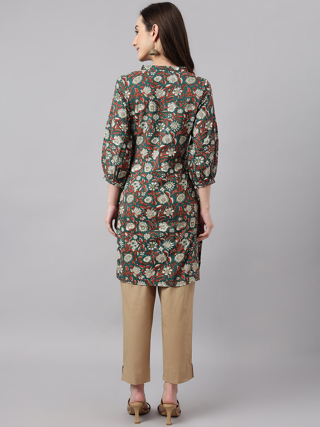 Janasya Women's Dark Green Cotton Floral Print Casual Regular Tunic | Grocsy