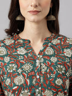 Janasya Women's Dark Green Cotton Floral Print Casual Regular Tunic | Grocsy