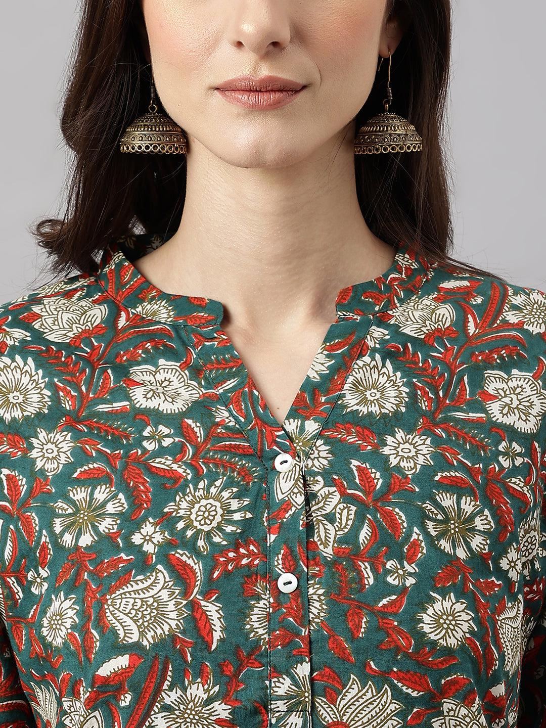 Janasya Women's Dark Green Cotton Floral Print Casual Regular Tunic | Grocsy