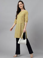 Janasya Women's Yellow Cotton Ethnic Motifs Casual Regular Tunic | Grocsy
