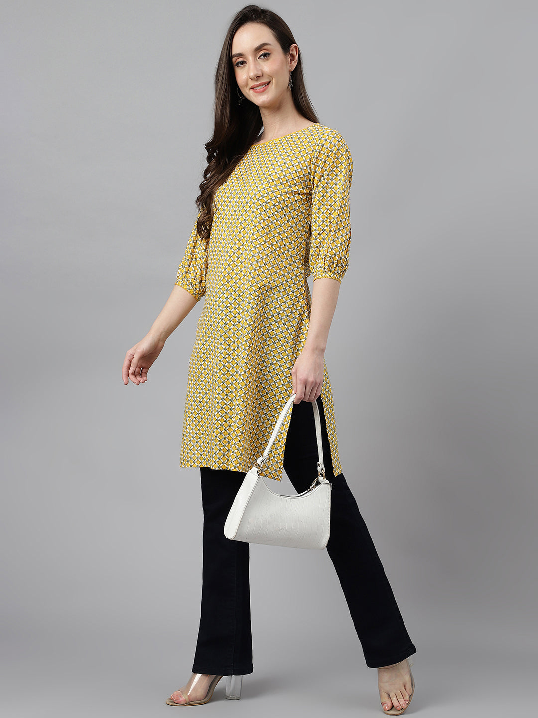 Janasya Women's Yellow Cotton Ethnic Motifs Casual Regular Tunic | Grocsy