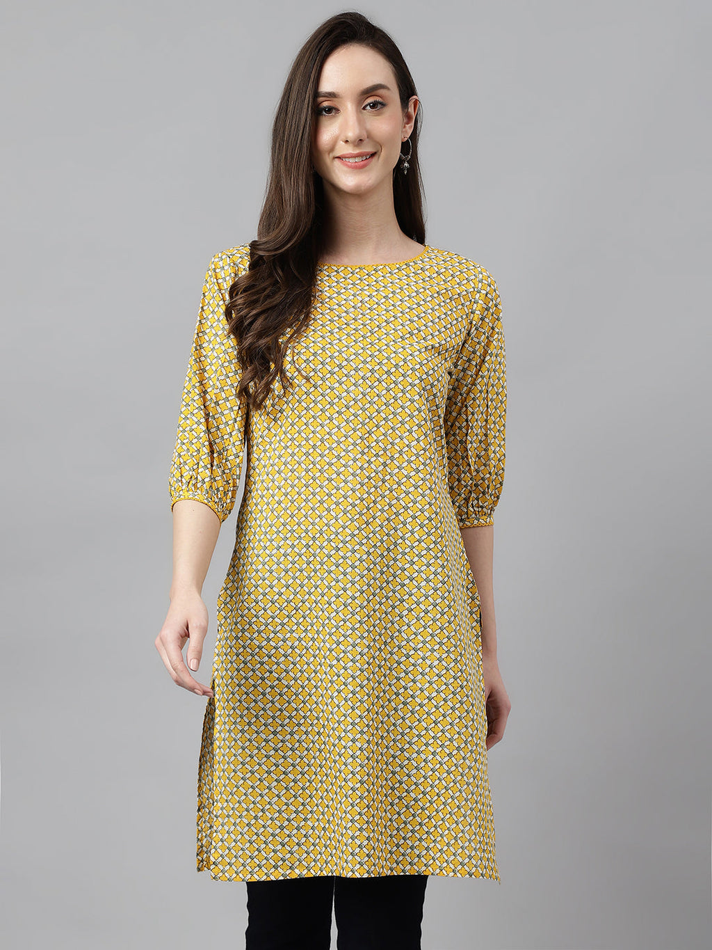 Janasya Women's Yellow Cotton Ethnic Motifs Casual Regular Tunic | Grocsy