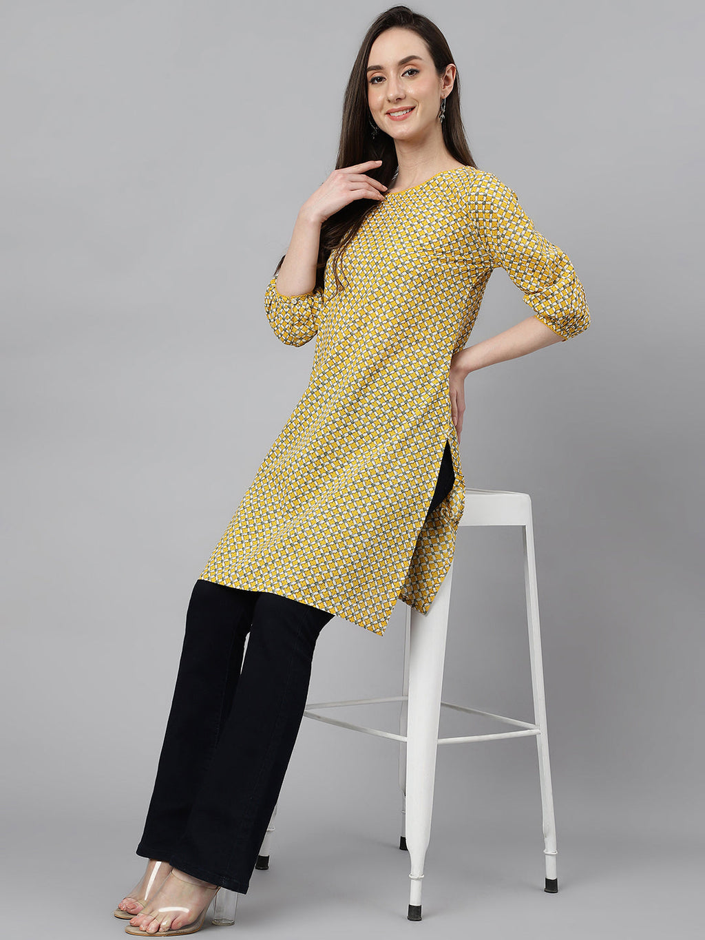 Janasya Women's Yellow Cotton Ethnic Motifs Casual Regular Tunic | Grocsy