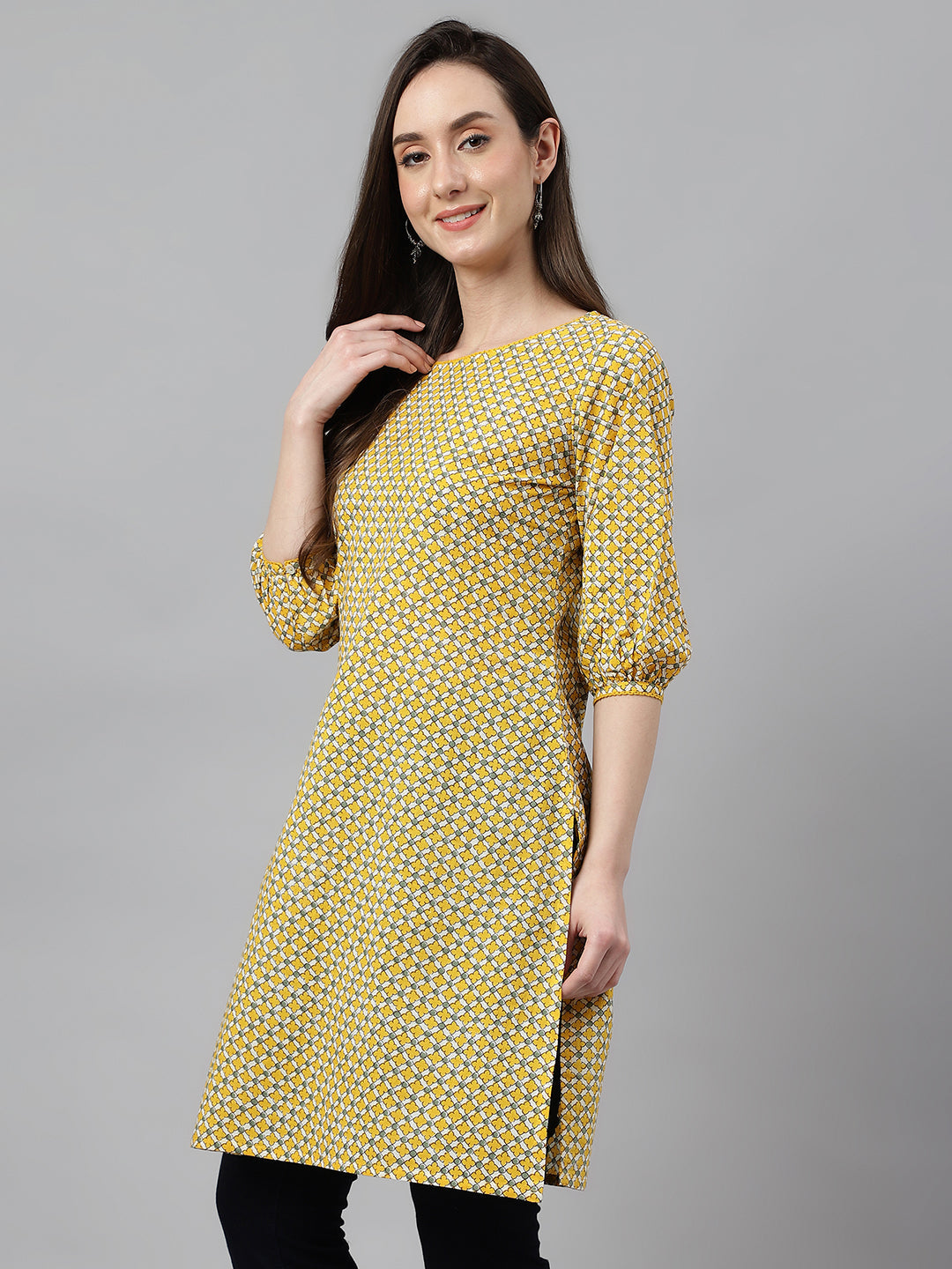 Janasya Women's Yellow Cotton Ethnic Motifs Casual Regular Tunic | Grocsy