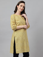 Janasya Women's Yellow Cotton Ethnic Motifs Casual Regular Tunic | Grocsy