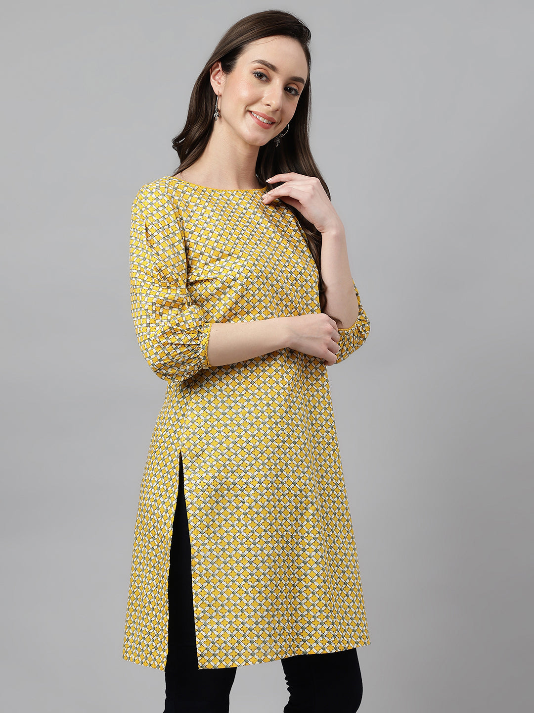 Janasya Women's Yellow Cotton Ethnic Motifs Casual Regular Tunic | Grocsy