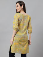 Janasya Women's Yellow Cotton Ethnic Motifs Casual Regular Tunic | Grocsy