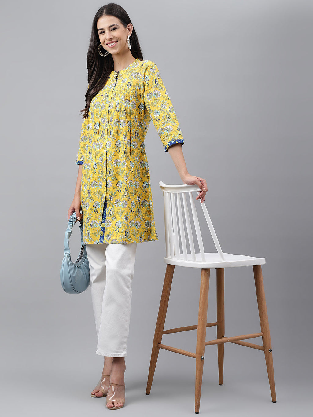 Janasya Women's Yellow Cotton Floral Print Casual Empire Tunic | Grocsy