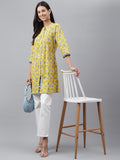 Janasya Women's Yellow Cotton Floral Print Casual Empire Tunic | Grocsy