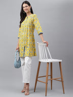 Janasya Women's Yellow Cotton Floral Print Casual Empire Tunic | Grocsy