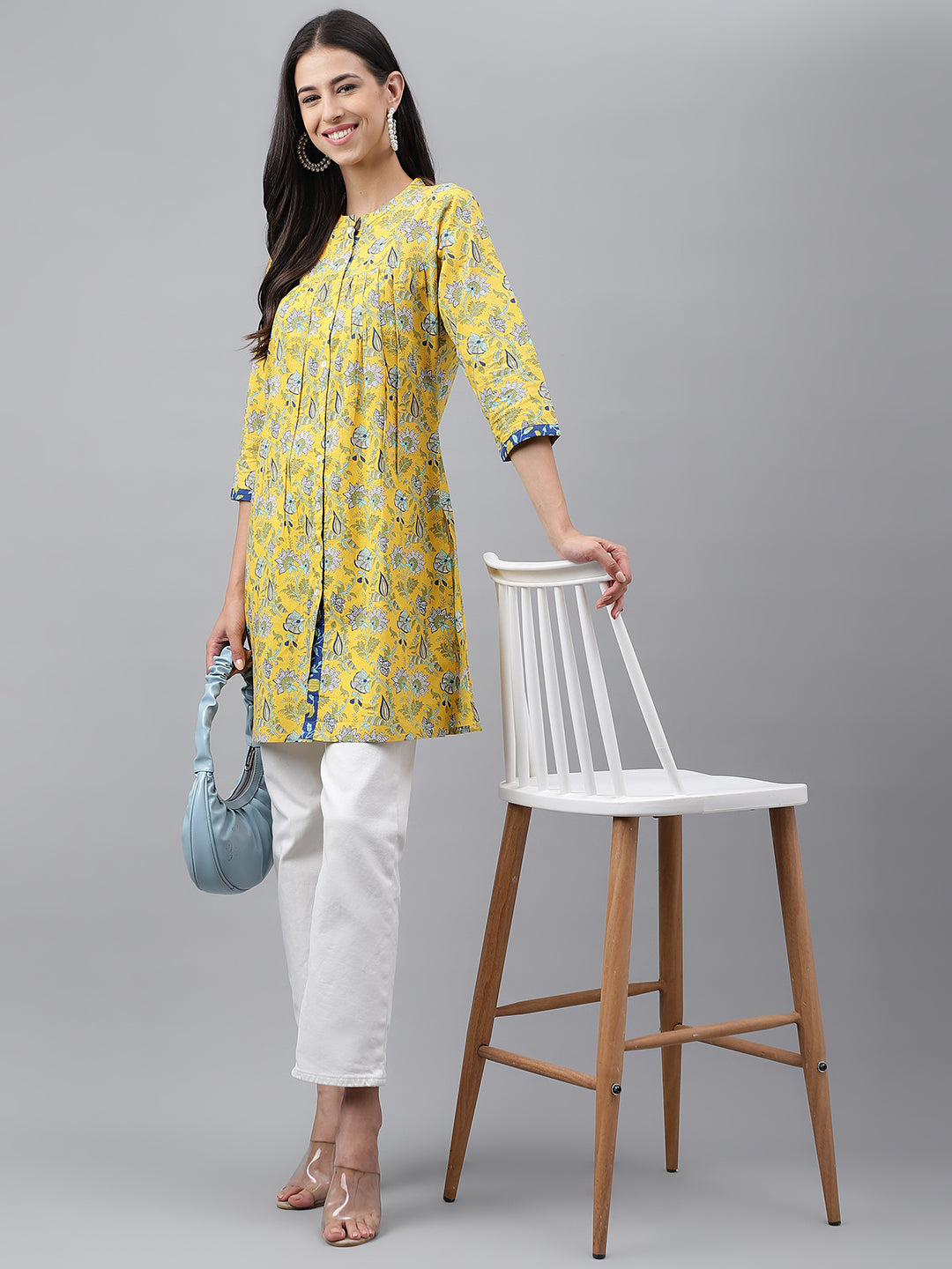 Janasya Women's Yellow Cotton Floral Print Casual Empire Tunic | Grocsy