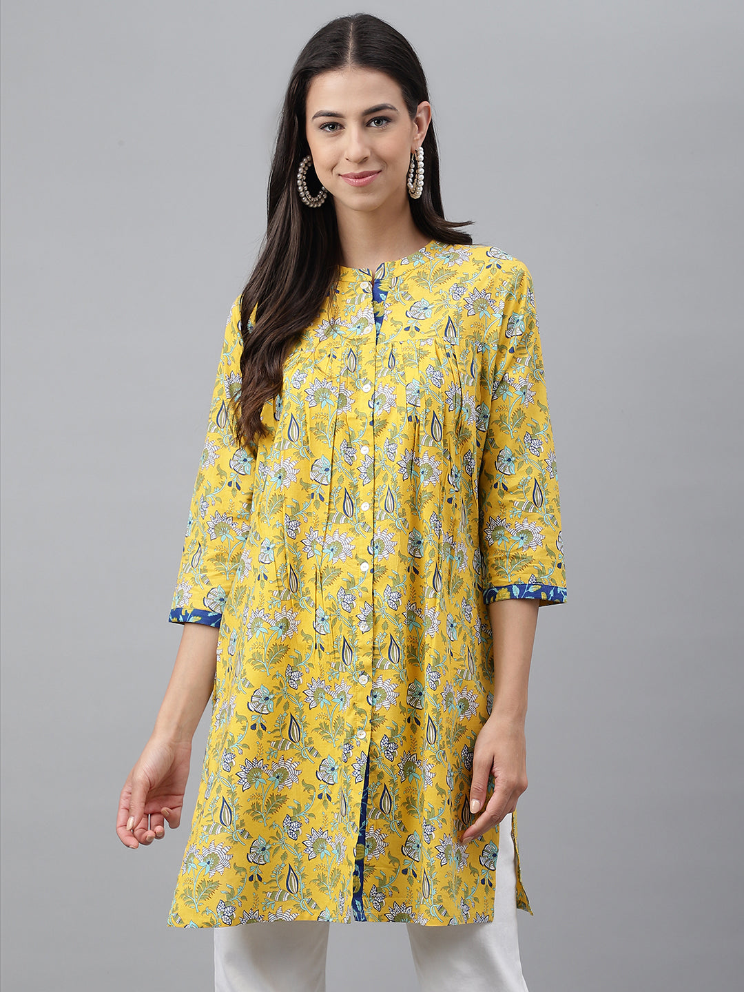 Janasya Women's Yellow Cotton Floral Print Casual Empire Tunic | Grocsy