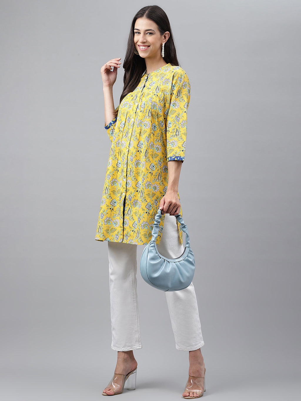 Janasya Women's Yellow Cotton Floral Print Casual Empire Tunic | Grocsy