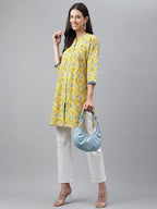 Janasya Women's Yellow Cotton Floral Print Casual Empire Tunic | Grocsy