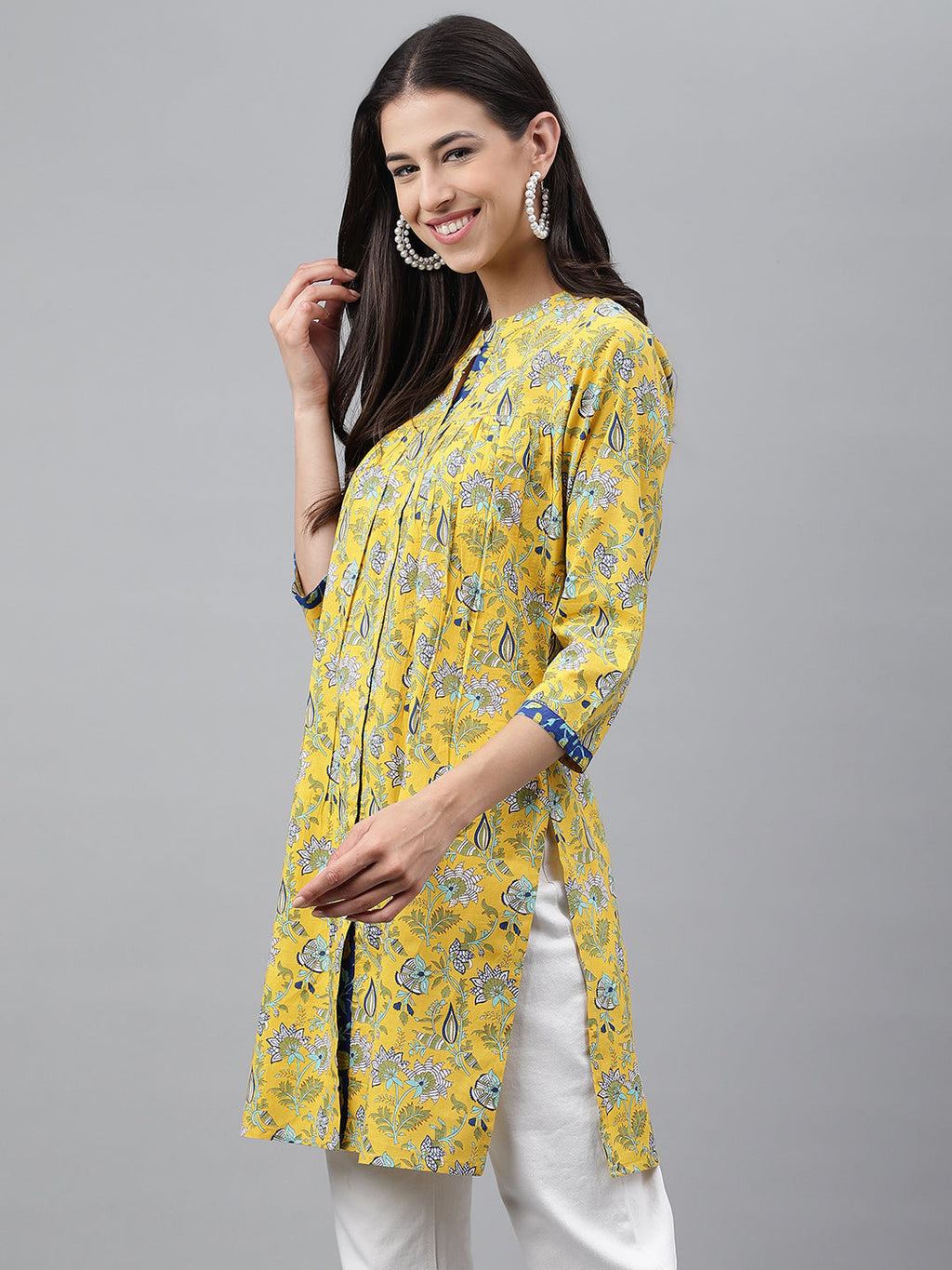 Janasya Women's Yellow Cotton Floral Print Casual Empire Tunic | Grocsy