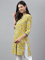 Janasya Women's Yellow Cotton Floral Print Casual Empire Tunic | Grocsy