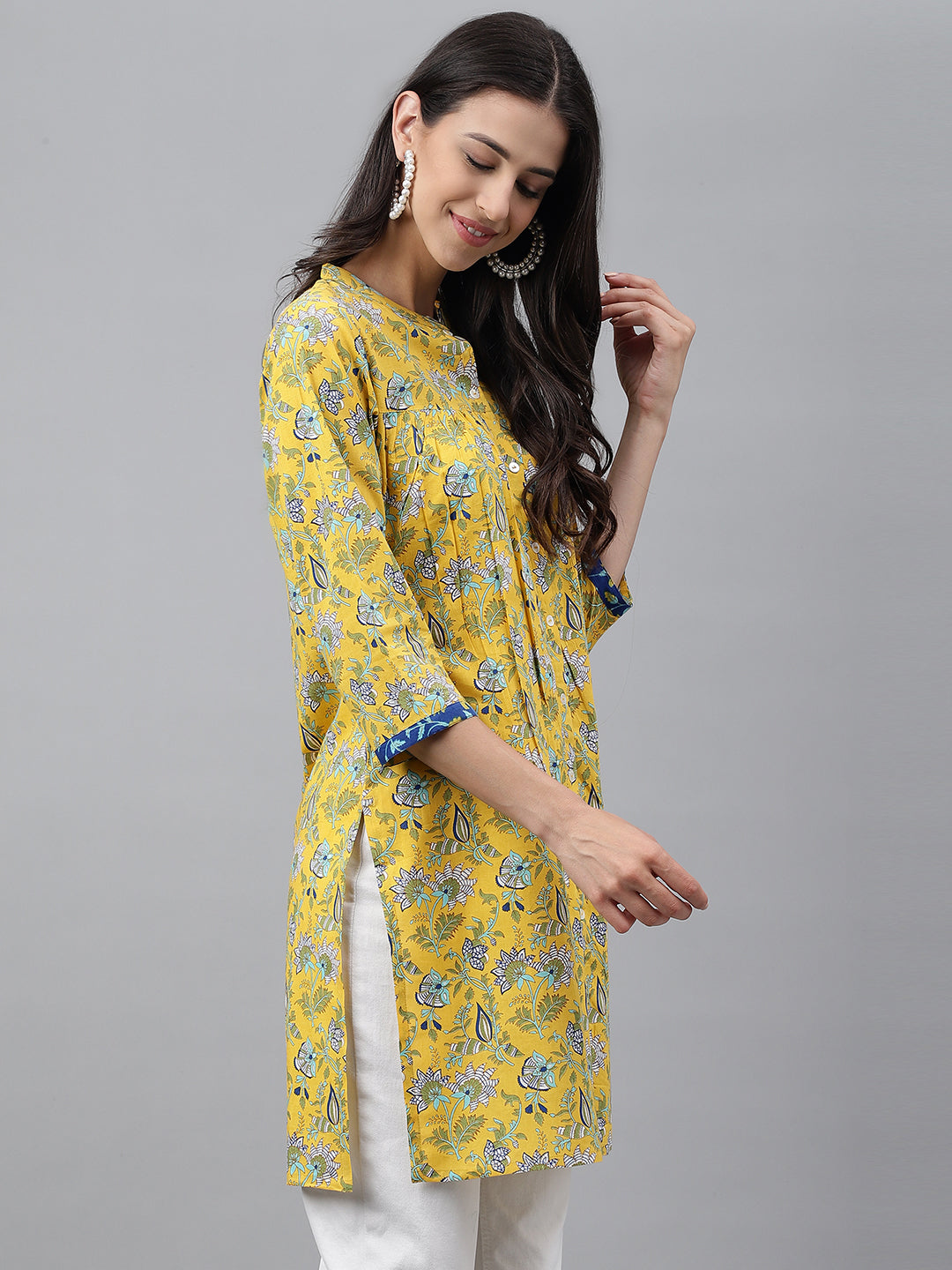 Janasya Women's Yellow Cotton Floral Print Casual Empire Tunic | Grocsy
